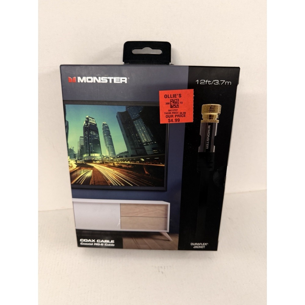 Monster Coaxial RG-6 Cable 12ft Gold Plated F-Pin Duraflex Jacket UL CL2 Rated